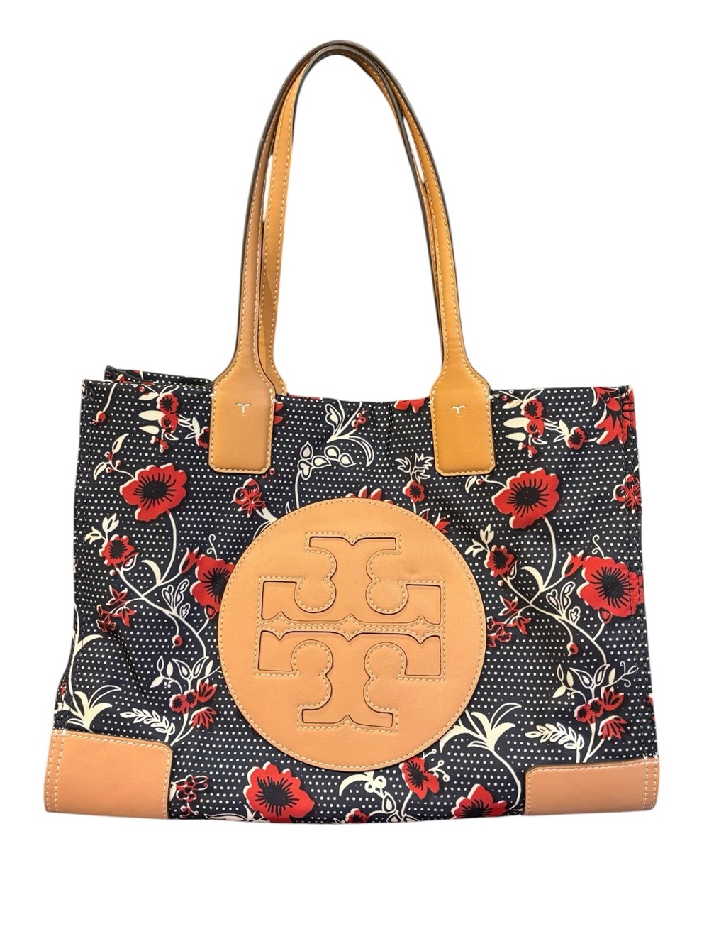 TORY BURCH Ella Tote Bag Purse Nylon Navy and Red Floral - Picture 2 of 13
